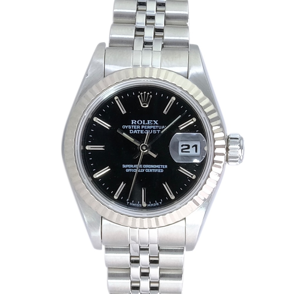 Rolex Datejust Silver Black Dial 18k White Gold Fluted Jubilee Watch 26 Mm 69174